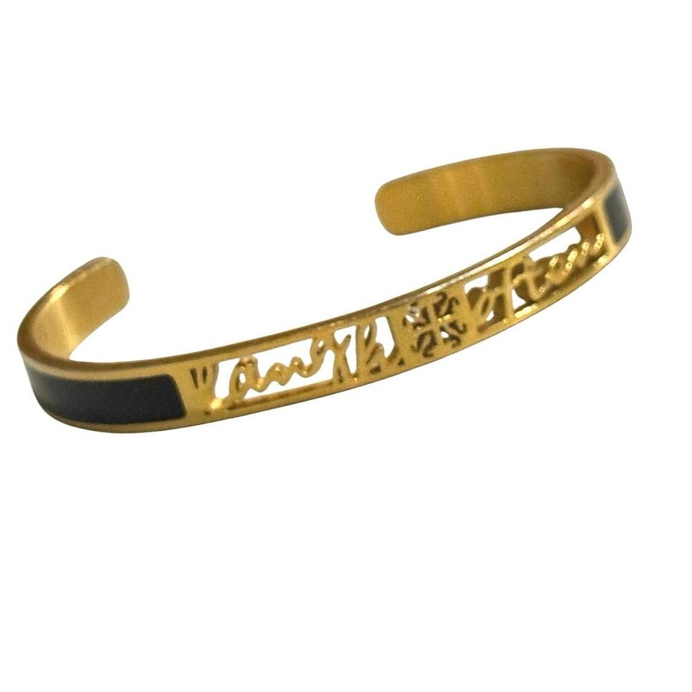 Rustic Cuff Gold & Black Enamel Inspirational Laugh Often Cuff Signed Bracelet